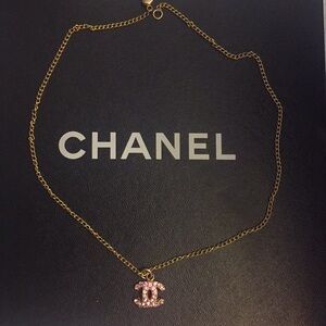 Chanel Golden and Pink Rhinestone CC Necklace